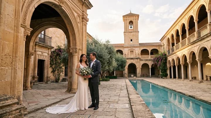 AI-generated creative concept: Vows in the quiet courtyard. Imagined people and setting; not a real client session or verified location.