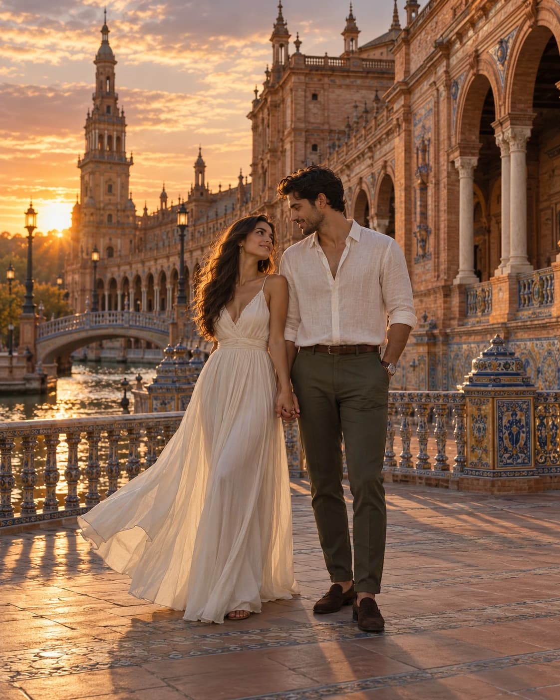 AI-created full-length couple concept inspired by Plaza de España in Seville, with warm sunset light and Spanish ceramic architecture