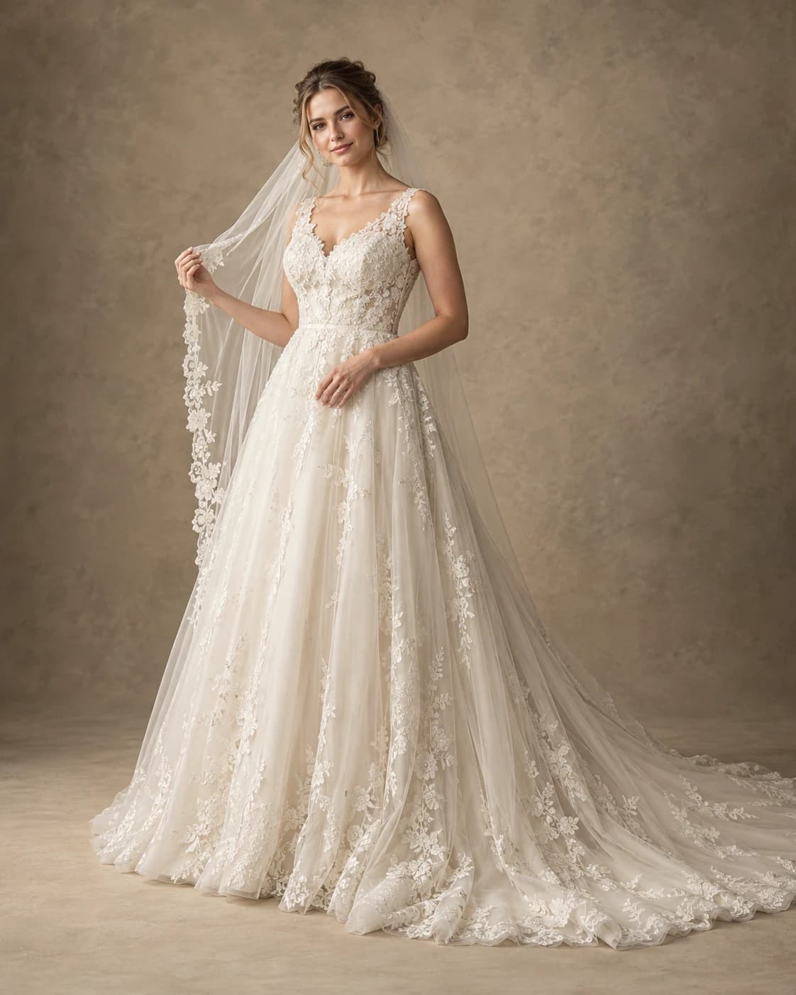 AI full-length studio portrait concept of an adult bride posing in an ivory wedding gown