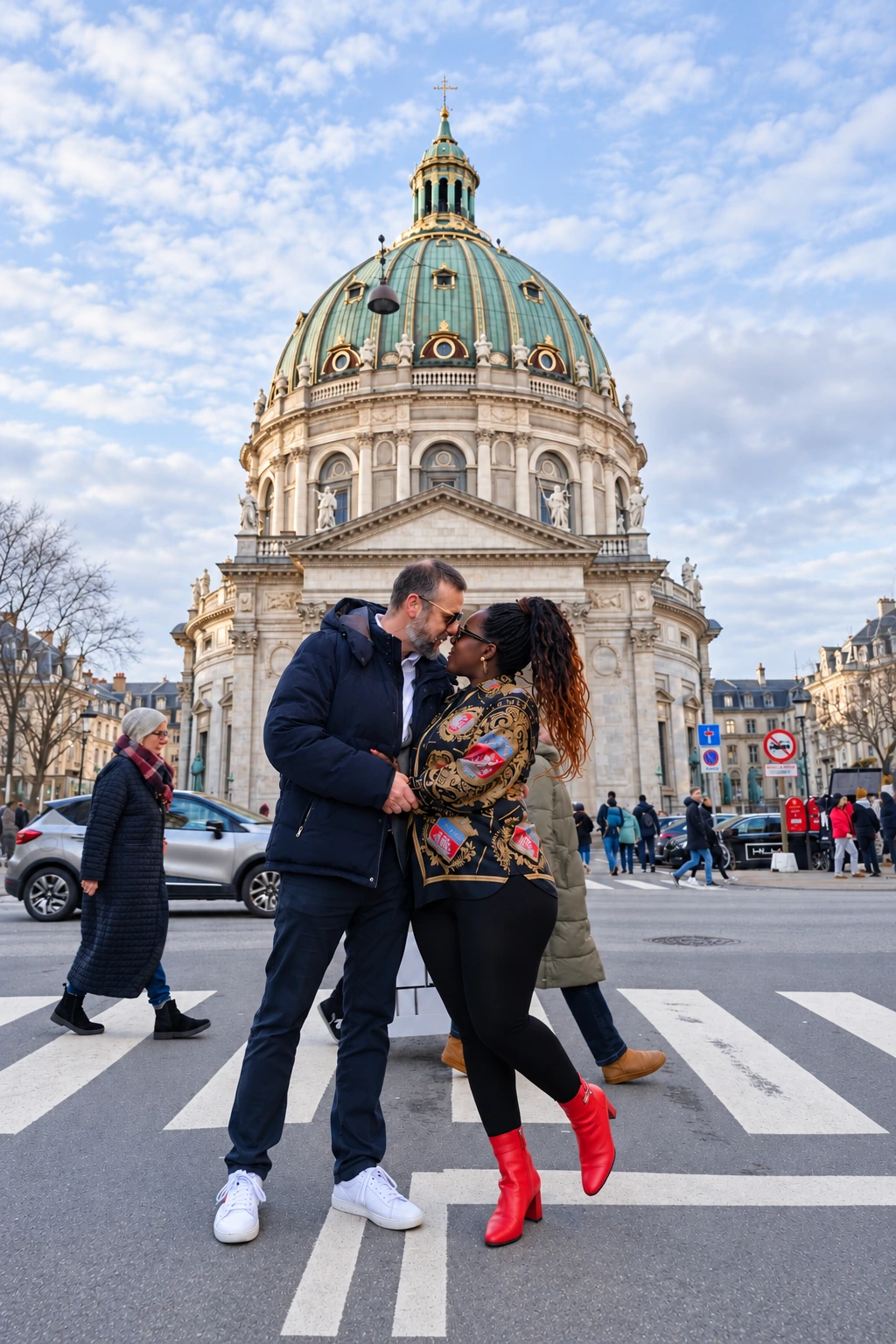 A couple sharing a kiss on a city crossing, with a domed building behind them.